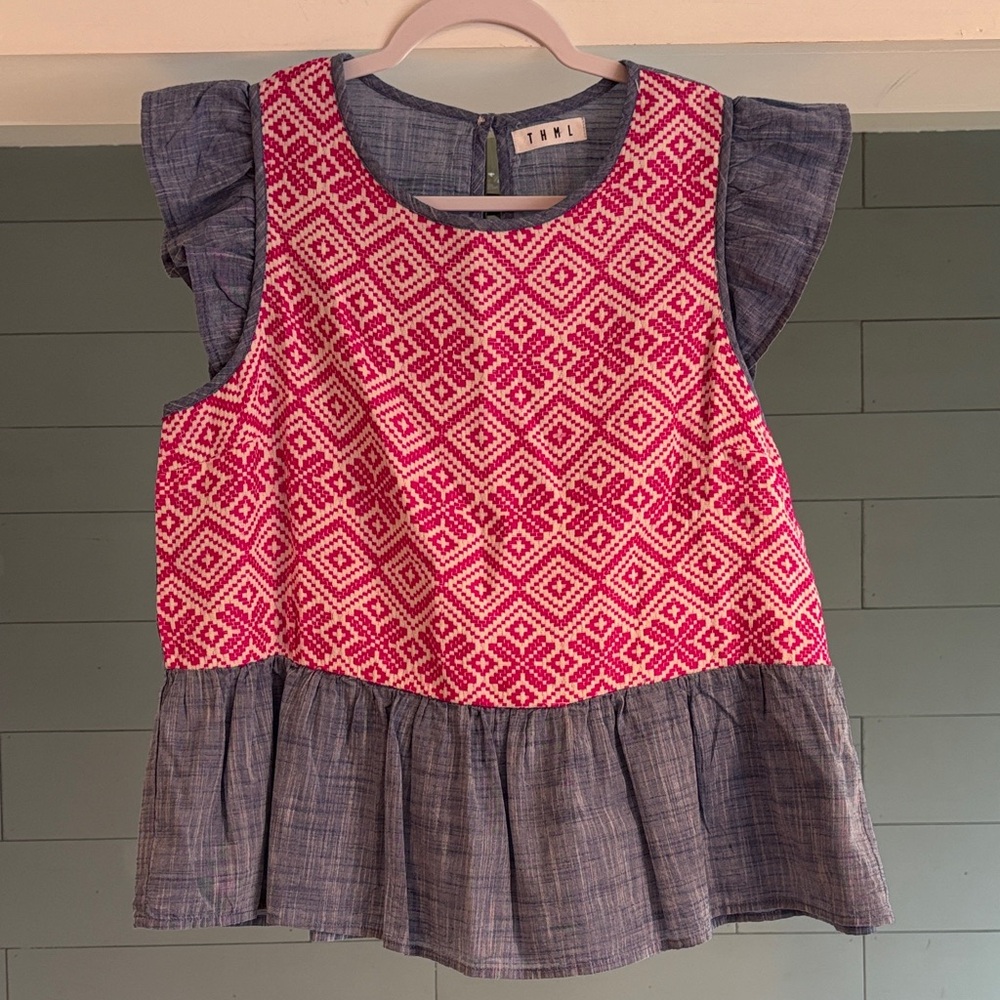 THML Pink and‎ Blue Geometric Blouse
